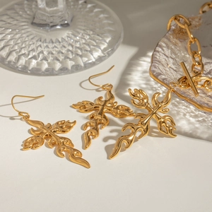 Classic 18k gold stainless steel flame cross drop earrings with matching necklace set
