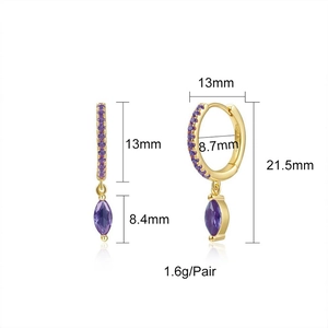 Detailed size specifications for gold earrings with marquise-cut purple zircon stones
