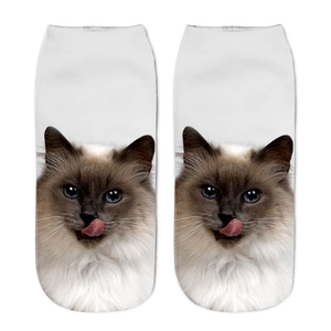 Unisex 3D-geprinte sokken met schattig kattenpatroon en blauwe ogen, witte enkelsokken