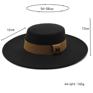 Classic black flat top wool boater hat with M logo buckle and 10cm wide brim