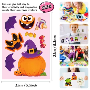 6-sheet set of Halloween DIY ghost stickers with 15x21cm size guide and kids playing