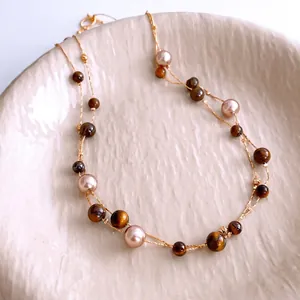 French vintage double layer necklace with tiger eye stone and soft pink pearls