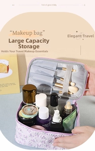 Detail of floral makeup bag with makeup brush slots and organized interior storage