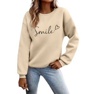 Felpa beige alla moda con girocollo e stampa Smile e motivo a cuore per le donne