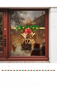Detail of Christmas window sticker with gold bells, red bow, and Merry Christmas text