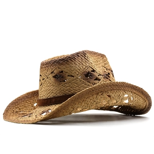 Chapeau de cowboy unisexe en paille avec motif ajouré et ruban marron décoratif