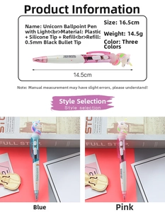 Detailed specs of unicorn light-up ballpoint pen with 0.5mm black ink and blue/pink body