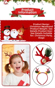 Detail of Christmas reindeer antler headband with plush ears and golden bell accents