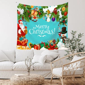 Close-up of bohemian Christmas tapestry featuring Santa and snowman over a sofa