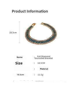 Detailed view of silver alloy bracelet with blue and white crystals including measurements