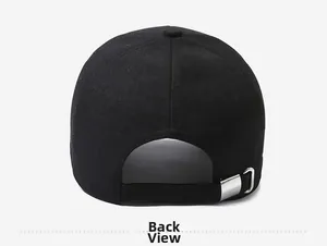 Back view of black cotton baseball cap showing adjustable silver metal buckle detail