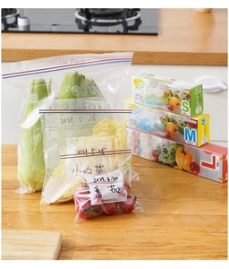 Macro view of food-grade reusable freezer bags with dual seals and writable date zones