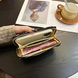 Black long zipper wallet with geometric pattern and large capacity for phone and cards