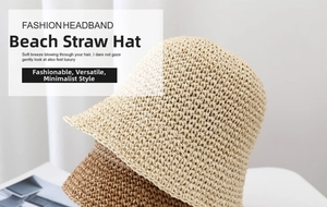 Detailed close-up showing woven texture of beige and brown straw sun hats
