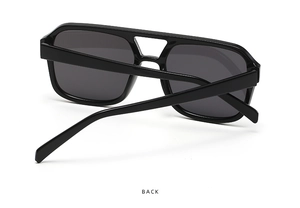Back view of classic double-bridge pilot sunglasses with glossy black frames and dark lenses