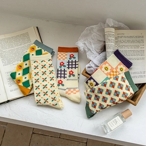 Five pairs of Japanese vintage floral and plaid cotton mid-calf socks for women