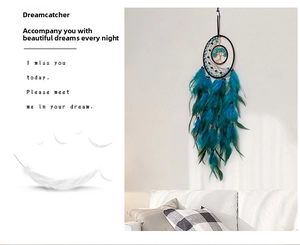 Detailed peacock blue tree of life dreamcatcher hanging on light wall in cozy room décor