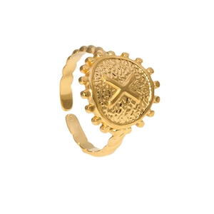 Vintage gold adjustable stainless steel ring with embossed cross and hammered texture