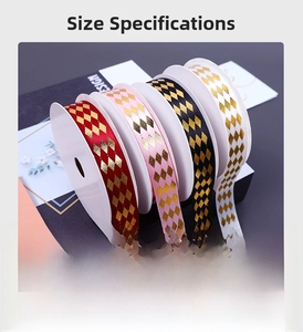 Detail of 1.5cm gold-stamped diamond pattern ribbon rolls in four elegant colors