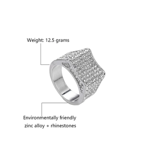 Silver Cuban link ring for men with full rhinestone inlay on white background
