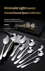 Polished stainless steel spoon set with round and pointed tips on a dark elegant tray