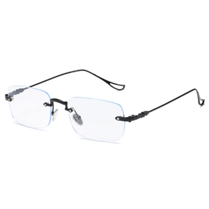 Silver rimless square blue light blocking glasses with Y2K style black metal temples