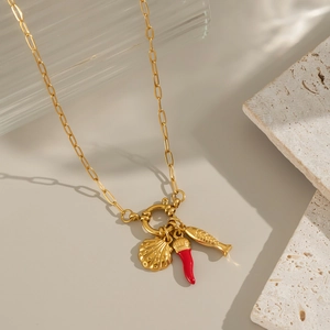 Collier Thème Océan Acier Inoxydable Pendentif Coquillage Poisson Piment Rouge Bijoux Imperméable Hypoallergénique Femmes