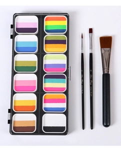 Close-up of 12-color water-soluble face body paint palette with 3 professional art brushes