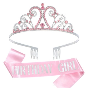 Silver crown with pink rhinestones and pink satin Birthday Girl sash accessory set