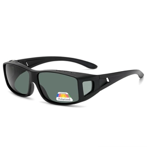 Polarized outdoor sunglasses with black frame and dark green lenses shown in 45-degree angle