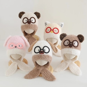 Kids plush cartoon bear hat with scarf and glasses design, soft fleece earflap cap