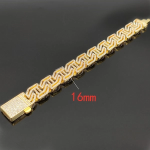 Detail of 16mm wide gold Cuban link chain with micro-pave AAA rhinestones and H-shaped links