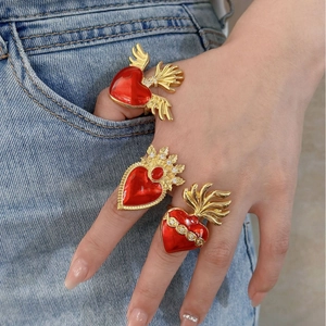 Baroque gold wings red heart ring with zircon crown details for women adjustable size