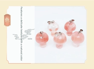 Detail view of five mini pink crystal mushroom pendants with silver metal clasps