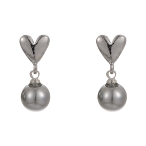 French style grey pearl heart drop earrings with polished silver metal finish on white