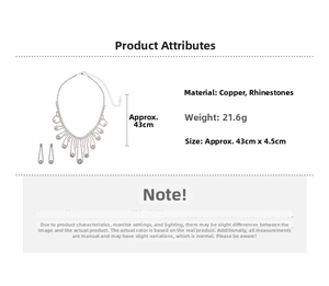Detailed view of silver rhinestone necklace set showing dimensions 43cm length and 4.5cm drop