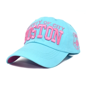Detail of 3D embroidery showing Boston text on light blue and pink baseball cap