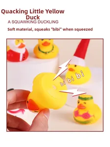 Detail of soft squeeze rubber ducks with squeaky sound feature and festive Christmas costumes