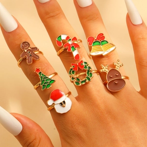 Christmas gold stainless steel ring set with festive snowman and reindeer charms