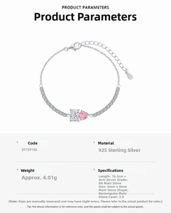 Detailed specs of S925 silver bracelet with pink heart zircon and tennis chain