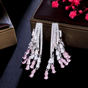 Elegant long tassel earrings with pink drop-shaped cubic zirconia in S925 silver setting