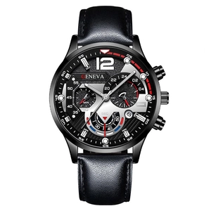 Montre à quartz pour hommes avec bracelet en cuir noir et affichage chronographe sport