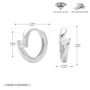 Detail showing 925 sterling silver hoop earrings with dimensions and 5A zircon inlay