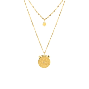 Collier double couche en acier inoxydable doré 18 carats avec pendentifs soleil et pièce