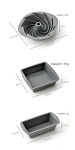 Three-tier display of gray silicone cake mold, square pan, and rectangular loaf pan