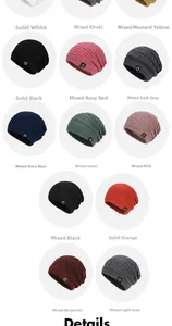 Collection of winter knit beanies in various colors including neutrals and bright tones
