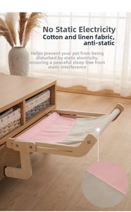 Detail showing the anti-static cotton and linen fabric texture of the solid wood cat hammock