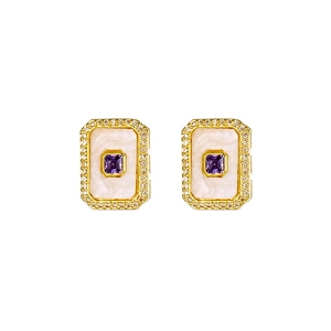Detail of gold rectangular earrings with purple gemstone and white enamel finish