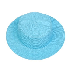 Top view of sky blue flat top straw sun hat with a wide brim and detailed woven texture