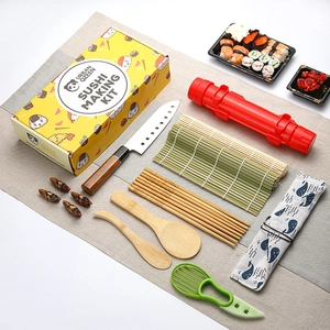 Complete 15-piece DIY bamboo sushi making kit with mold, knife, mat and storage bag